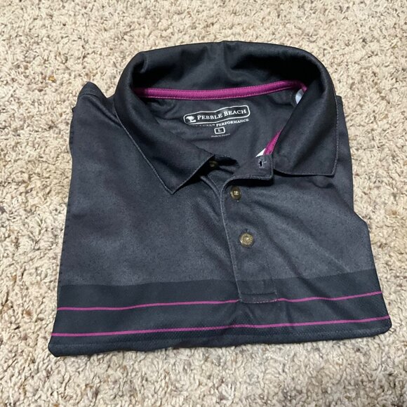 Pebble Beach Mens Performance Polo Shirt Black With Purple Stripes Size Large - Picture 5 of 13